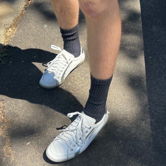 PRADA MEN SILVER FOIL METALLIC SHOES LEATHER SNEAKER SPORT 11 RUNNER WHITE ITALY - Picture 4 of 16